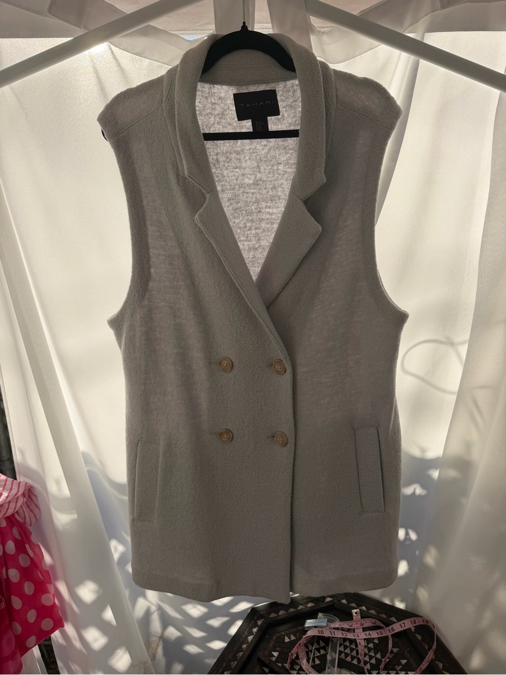 Tahari XL Gray Blue Wool Blend Longline Vest Double Breasted Quiet Luxury - Picture 2 of 7